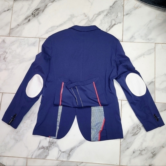 ZARA Man Navy Blue Slim Fit Blazer Jacket White Elbow Patch US Size 54 - Picture 3 of 16